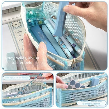Ins-stílusú háromszög alakú hálós tolltartó színes blokkoló dizájnnal, dupla rétegű, átlátszó, nagy kapacitású iskolai tolltartó vizsgákhoz