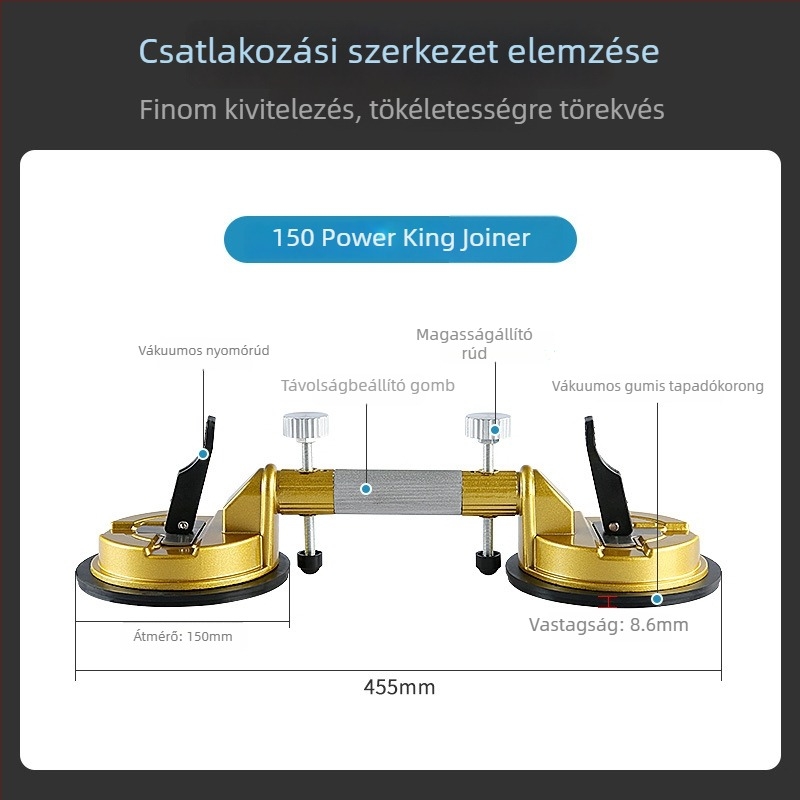 Kőasztal feszítő eszköz márvány- és kvarclemezhez; illesztésének szintezése erős vákuumos fogóval