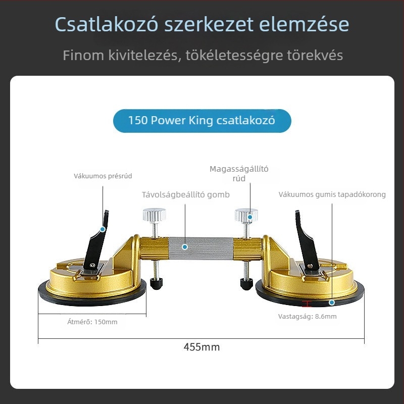 Kőasztal feszítő eszköz márvány- és kvarclemezhez; illesztésének szintezése erős vákuumos fogóval