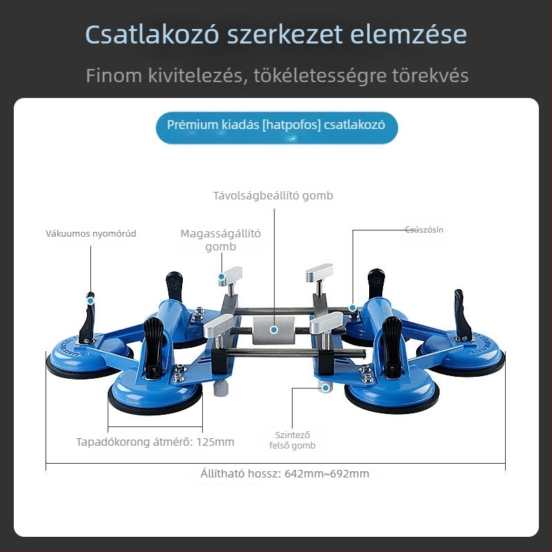 Kőasztal feszítő eszköz márvány- és kvarclemezhez; illesztésének szintezése erős vákuumos fogóval