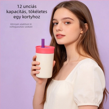 Gyerekeknek szóló szigetelt rozsdamentes acélból készült pohár, hordozható kültéri pohár szívószállal, testre szabható