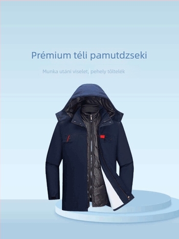 Téli munkaruha, vastag pamutkabát, középhosszú, levehető bélés, gyári munkaruházat