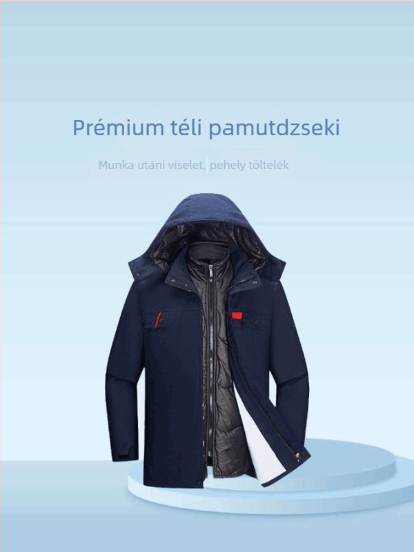 Téli munkaruha, vastag pamutkabát, középhosszú, levehető bélés, gyári munkaruházat