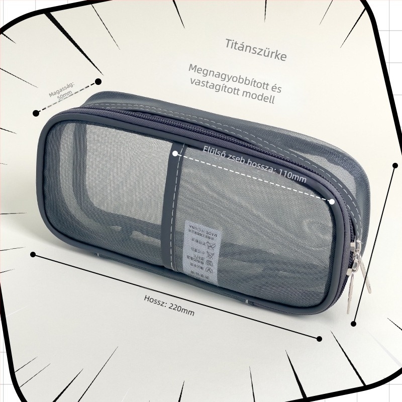 Kétoldalas iskolai tolltartó áttetsző hálós anyaggal, nagy kapacitású, uniszex, ceruzák és sminkecsetek tárolására