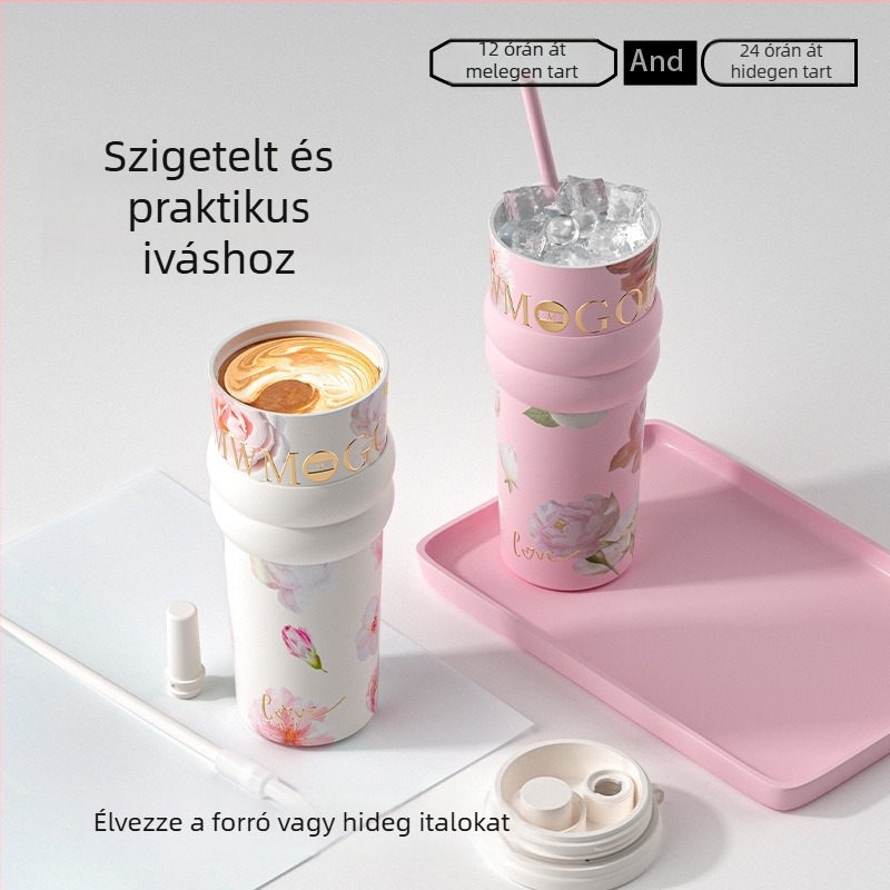 Virágmintás termosz nőknek, nagy kapacitású, szívószálas pohár kerámia belsővel, ajándék születésnapra és Holdünnepre