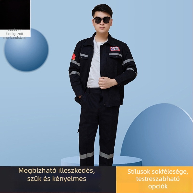 100% pamutból készült munkaruha olaj- és petrochemiai ipar számára, magas láthatóságú fényvisszaverő csíkokkal, tavasz–ősz modell