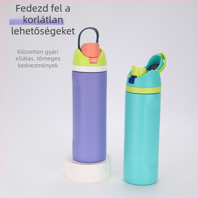 Új dupla ivású sportos kulacs, nagy kapacitású, 304 rozsdamentes acélból, szívószálas termosz, kültéri használatra, fogantyúval