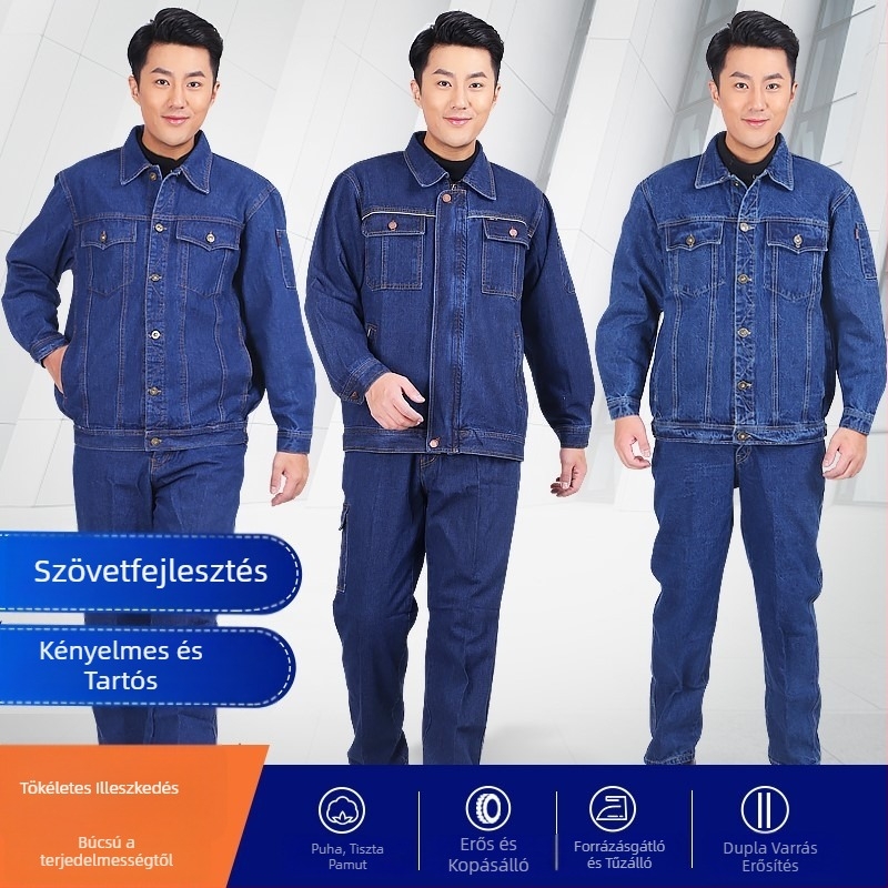 Férfi denim munkaruha szett vastag pamutból – kopásálló védőruha hegesztéshez, villanyszereléshez és autójavításhoz