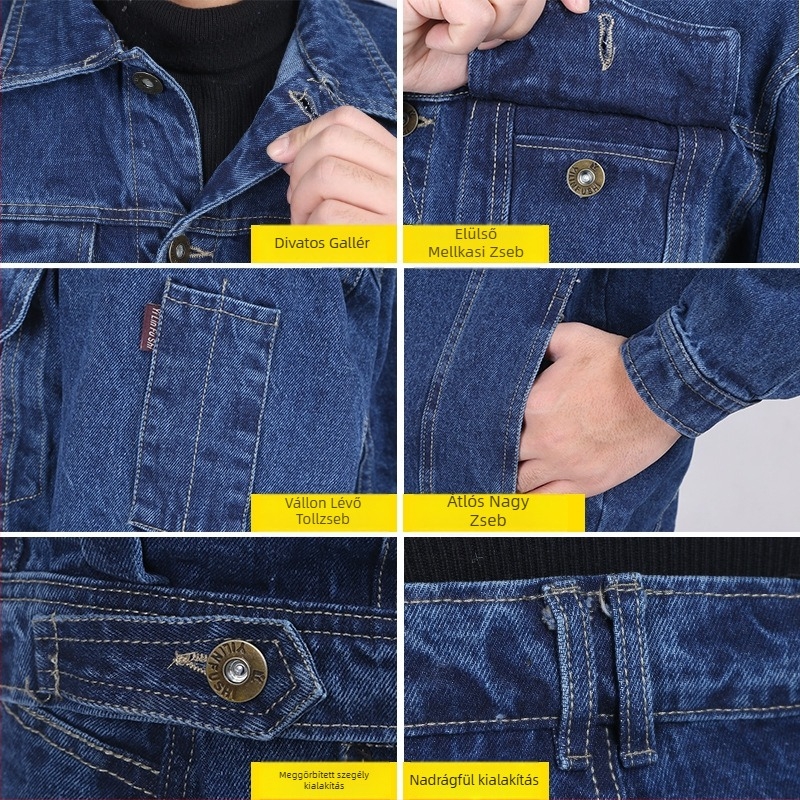 Férfi denim munkaruha szett vastag pamutból – kopásálló védőruha hegesztéshez, villanyszereléshez és autójavításhoz