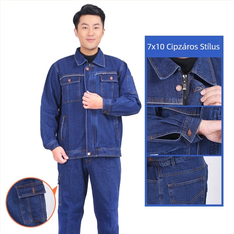 Férfi denim munkaruha szett vastag pamutból – kopásálló védőruha hegesztéshez, villanyszereléshez és autójavításhoz