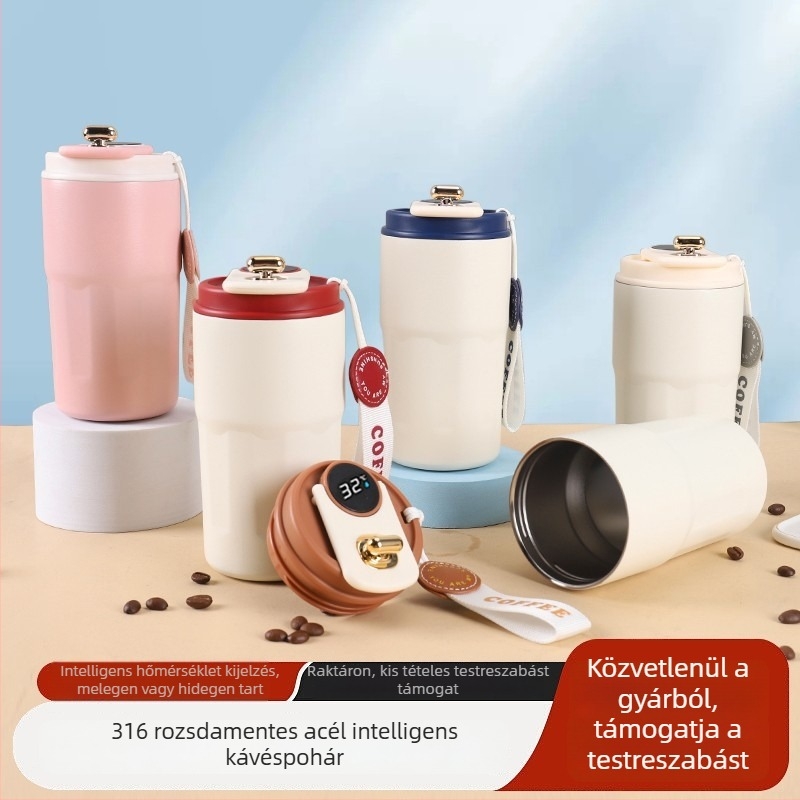 Intelligens hőmérséklet-kijelzős kávés pohár, 316 rozsdamentes acélból, autóhoz, hordozható, logóval testre szabható