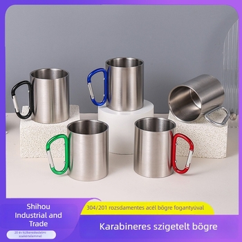 Karabinerrel ellátott fogantyúval rendelkező szigetelt bögre, dupla falú rozsdamentes acél kempingbögre, 330 ml/220 ml