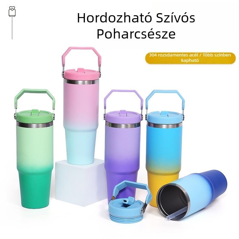 Hordozható, nagy kapacitású vákuum-szigetelt pohár 304 rozsdamentes acélból, szívószállal és hordozó fogantyúval, kültéri használathoz