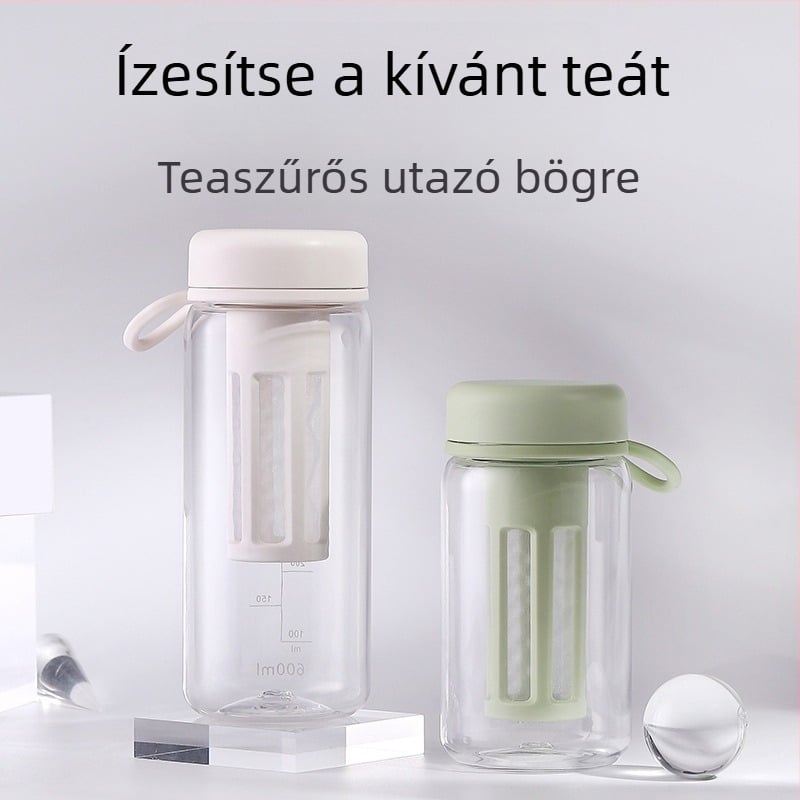 Tea infúzorral ellátott műanyag pohár, hordozható, duplafalú, átlátszó, mérőskálával – tea és kávé számára