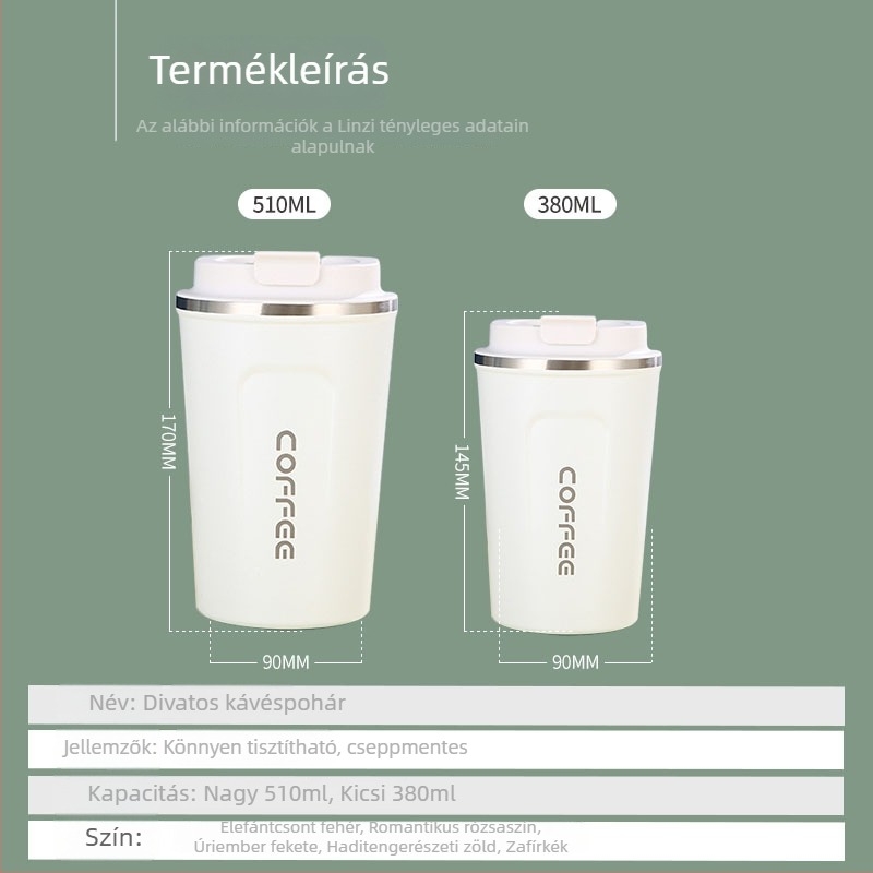Dupla falú vákuums kávés pohár, 304-es rozsdamentes acélból, hordozható autóhoz és irodába