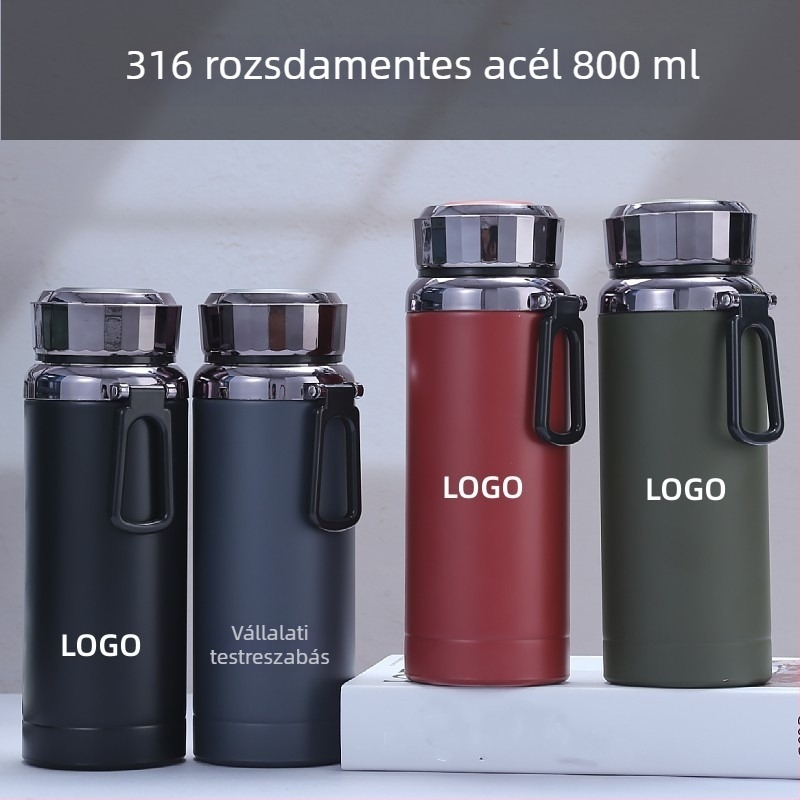 800 ml-es termosz rozsdamentes acélból, 316-os, nagy kapacitású, kültéri használatra, hordozó kötéllel és tea leeresztővel