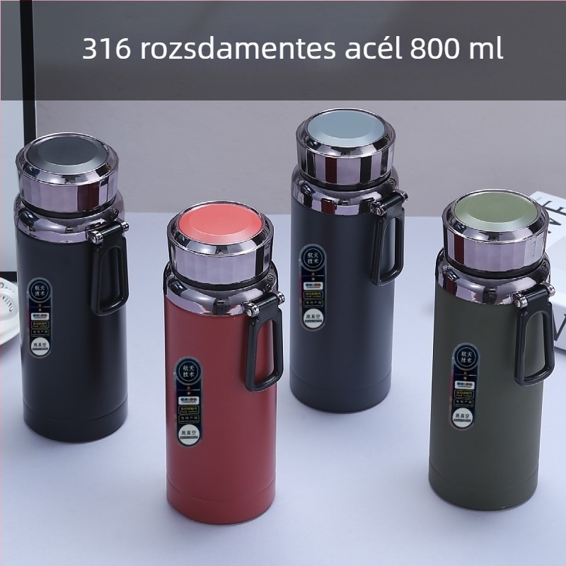 800 ml-es termosz rozsdamentes acélból, 316-os, nagy kapacitású, kültéri használatra, hordozó kötéllel és tea leeresztővel