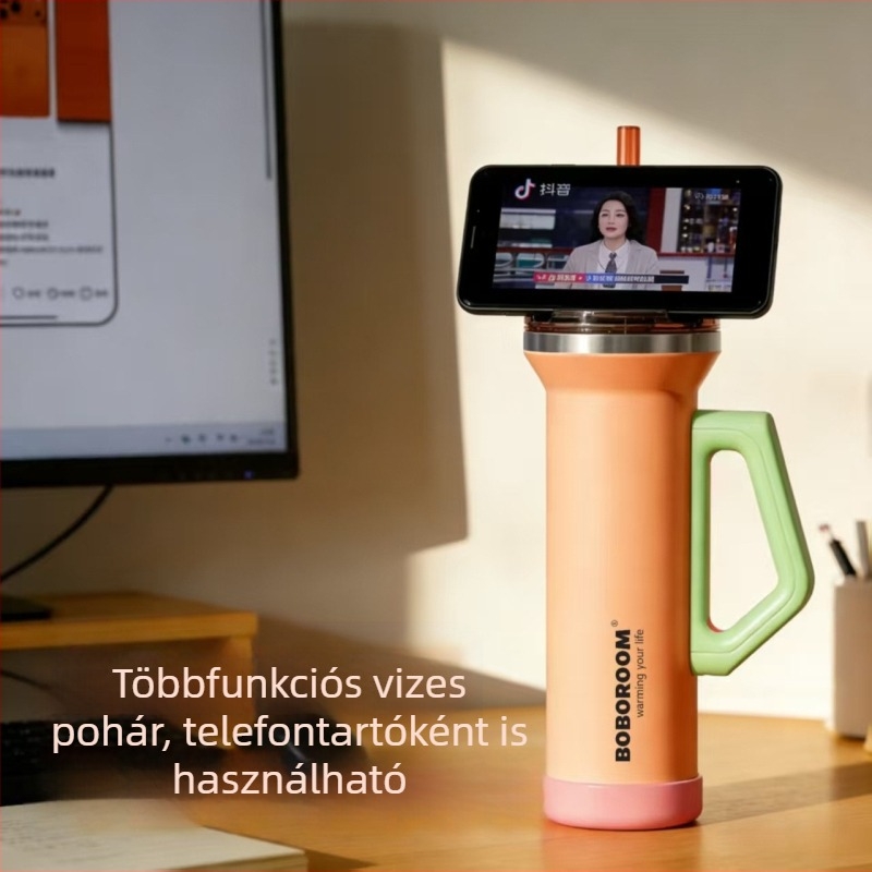 1080 ml rozsdamentes acél autópohár, fogantyúval, vákuum-szigeteléssel, nagy kapacitású kültéri termosz, szívószállal ellátott fedél