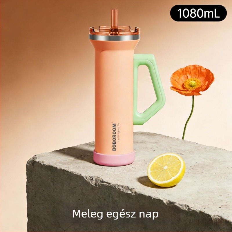 1080 ml rozsdamentes acél autópohár, fogantyúval, vákuum-szigeteléssel, nagy kapacitású kültéri termosz, szívószállal ellátott fedél