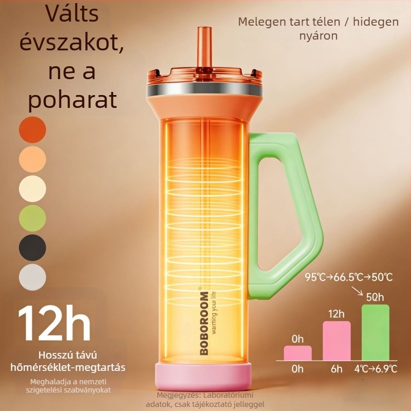 1080 ml rozsdamentes acél autópohár, fogantyúval, vákuum-szigeteléssel, nagy kapacitású kültéri termosz, szívószállal ellátott fedél