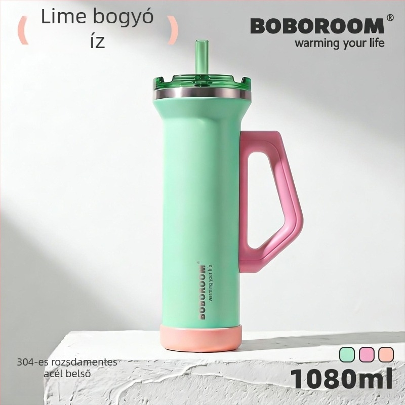 1080 ml rozsdamentes acél autópohár, fogantyúval, vákuum-szigeteléssel, nagy kapacitású kültéri termosz, szívószállal ellátott fedél