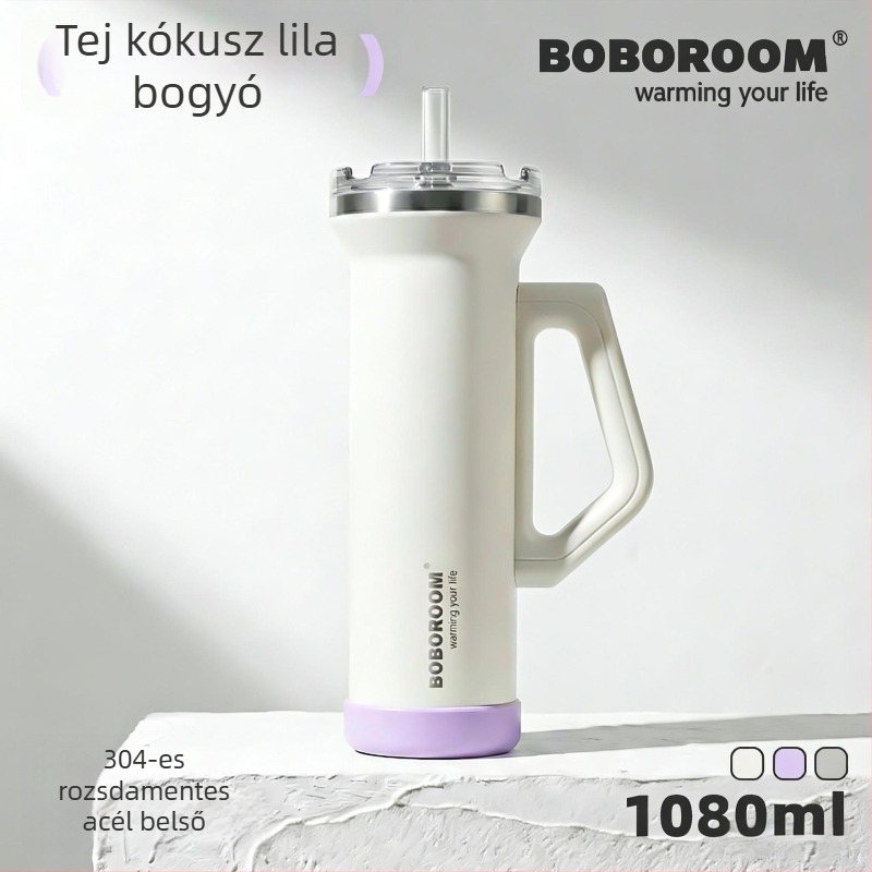1080 ml rozsdamentes acél autópohár, fogantyúval, vákuum-szigeteléssel, nagy kapacitású kültéri termosz, szívószállal ellátott fedél