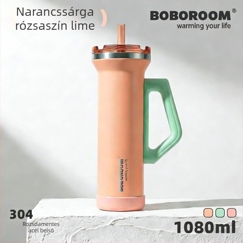 1080 ml rozsdamentes acél autópohár, fogantyúval, vákuum-szigeteléssel, nagy kapacitású kültéri termosz, szívószállal ellátott fedél
