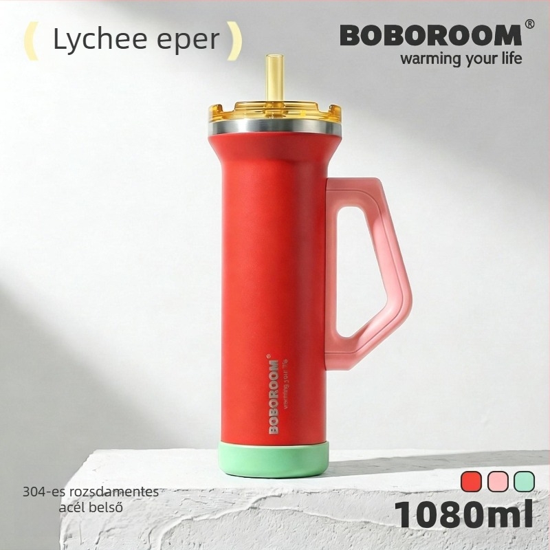 1080 ml rozsdamentes acél autópohár, fogantyúval, vákuum-szigeteléssel, nagy kapacitású kültéri termosz, szívószállal ellátott fedél