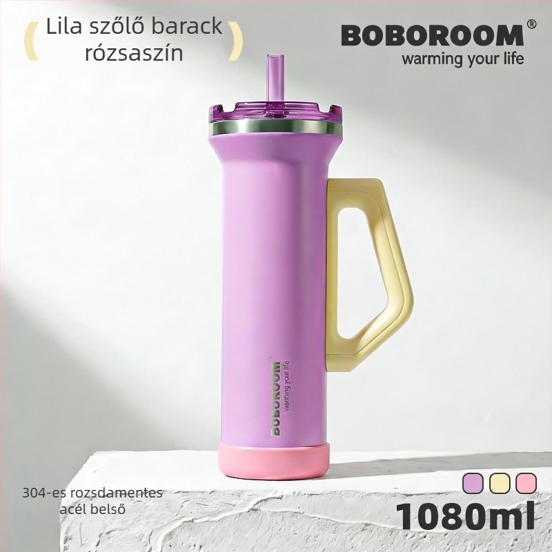 1080 ml rozsdamentes acél autópohár, fogantyúval, vákuum-szigeteléssel, nagy kapacitású kültéri termosz, szívószállal ellátott fedél