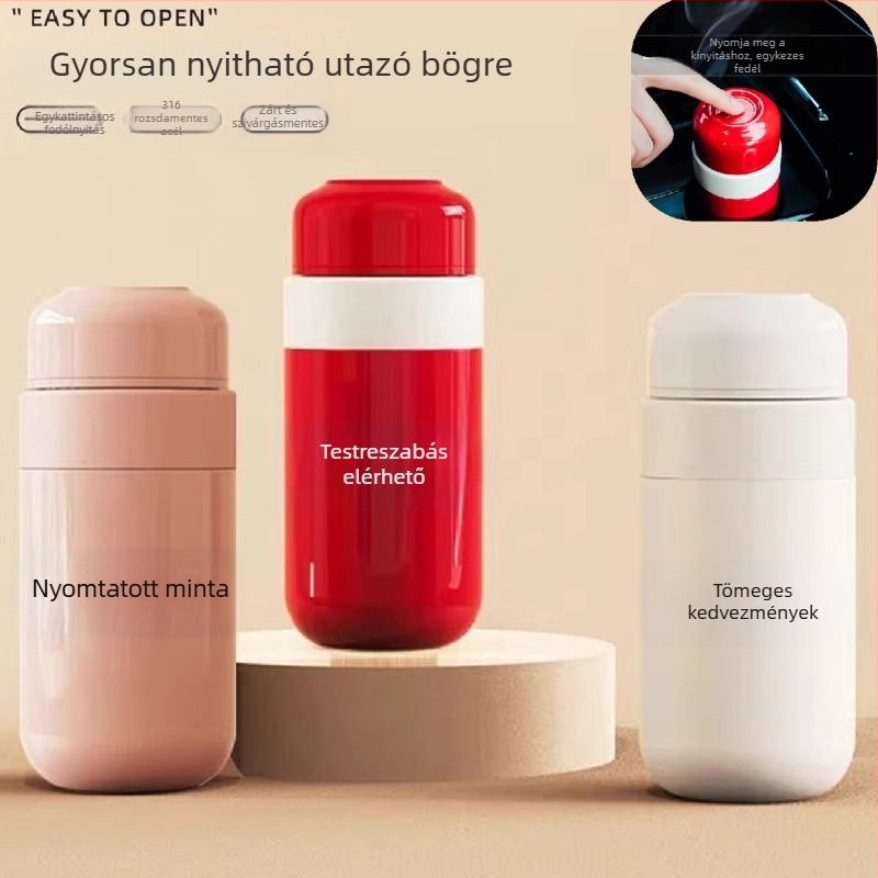 Utazási kávés pohár egy érintésre nyíló kupakkal, női mini zsebetartó pohár, 316-os rozsdamentes acél termosz, prémium dizájn