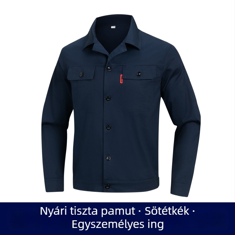 Nyárra tervezett férfi munkaruha 100% pamutból, hosszú ujjú, kopásálló, építkezésre és műhelybe, hegesztéshez, égési védelem
