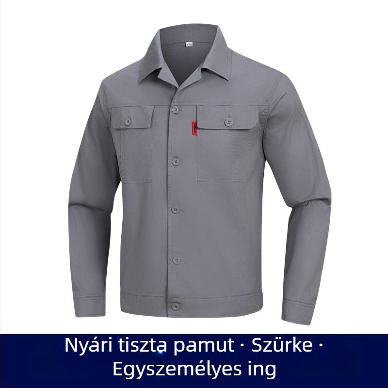 Nyárra tervezett férfi munkaruha 100% pamutból, hosszú ujjú, kopásálló, építkezésre és műhelybe, hegesztéshez, égési védelem
