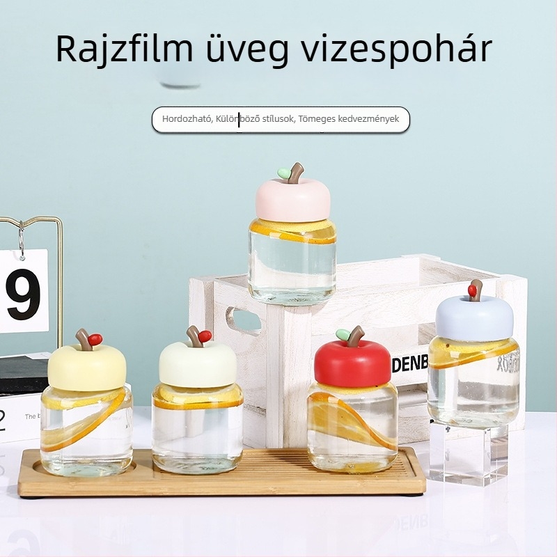 Mini üveg pohár vízhez, csavaros fedéllel, kerek formájú, tejes tea és szójatej pohárhoz, alma alakú fedél, IG-stílus