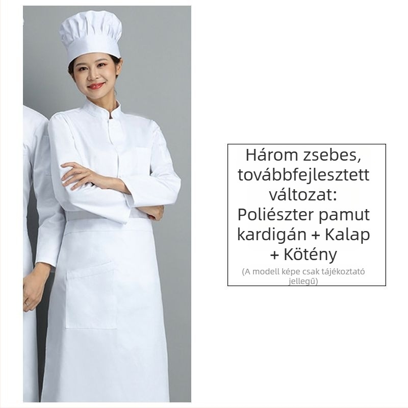 Uniszex szakács egyenruha, hosszú ujjú, őszi-téli, fehér, egysoros, szállodai, iskolai és menzai személyzet részére