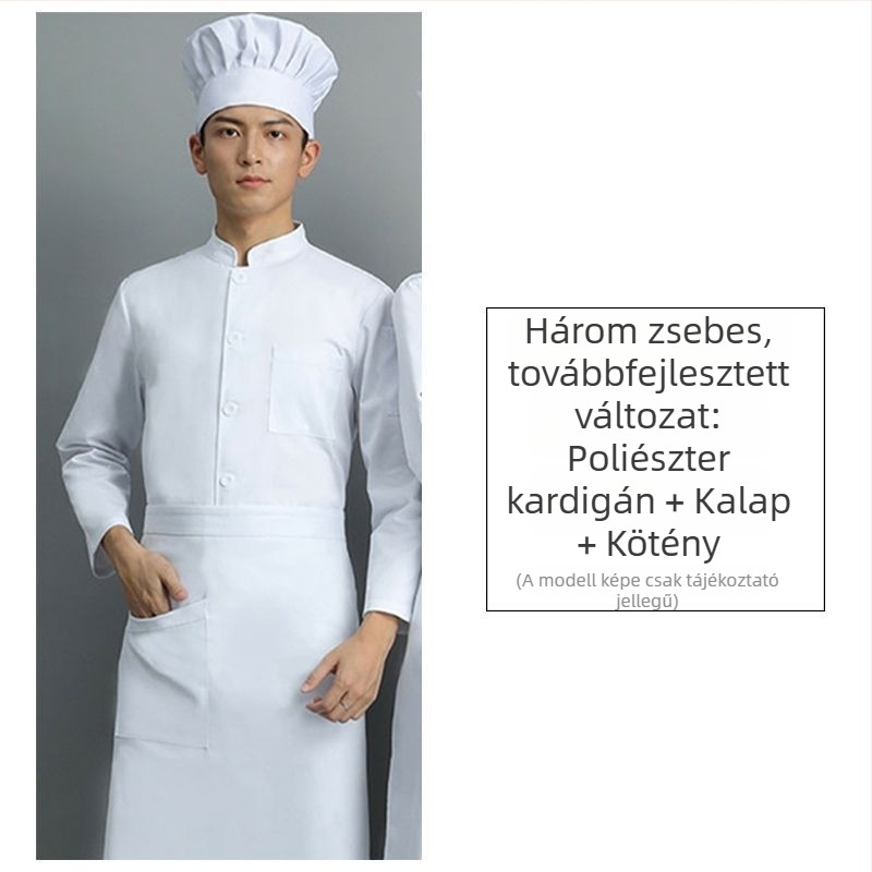 Uniszex szakács egyenruha, hosszú ujjú, őszi-téli, fehér, egysoros, szállodai, iskolai és menzai személyzet részére