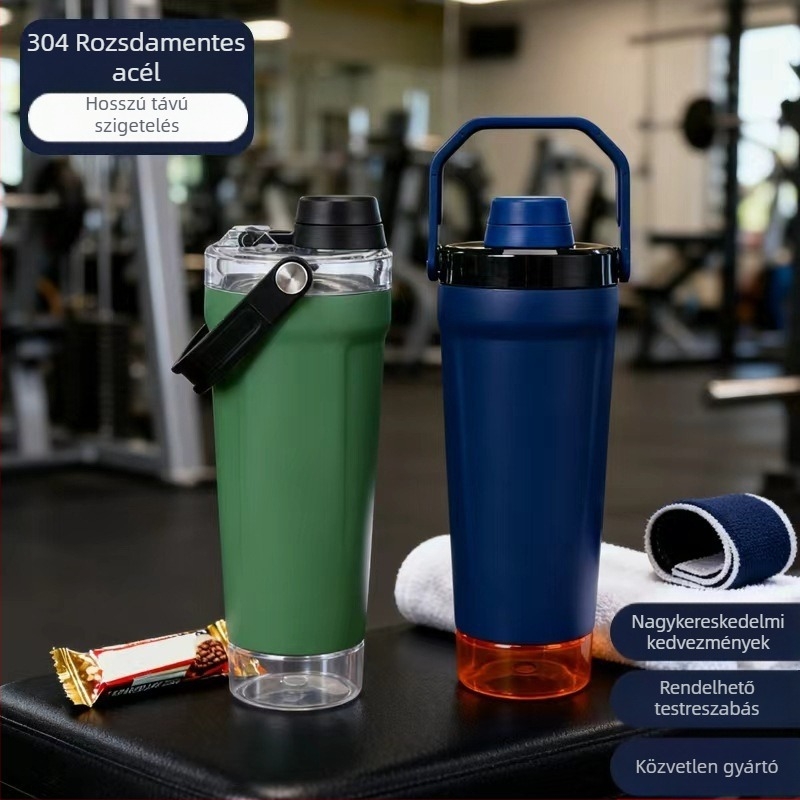 304 rozsdamentes acél shaker pohár, dupla falú vákuum szigeteléssel, nagy kapacitás, hordozható, fehérje porhoz és tejturmixokhoz