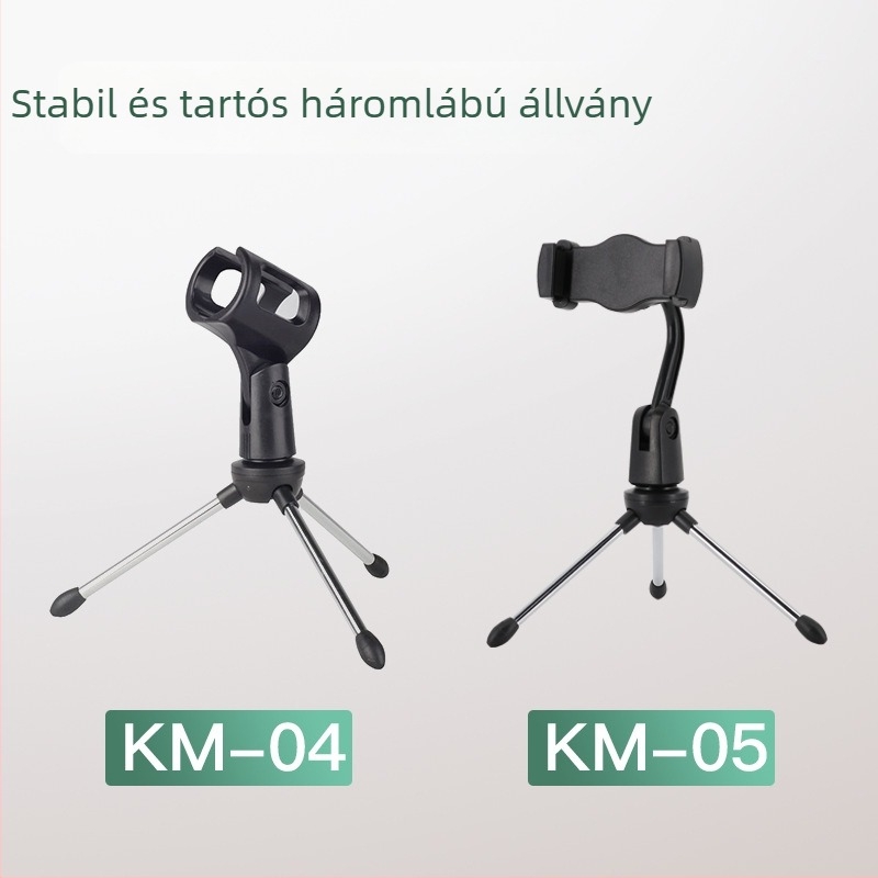 Asztali mikrofonállvány élő közvetítéshez, háromszög alakú telefon-tartóval és összecsukható mikrofontripoddal