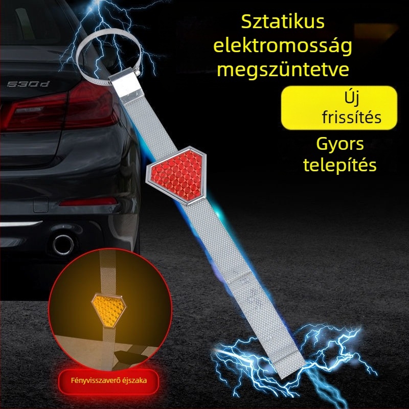 Autóhoz való függő anti-statikus szalag, háromszög figyelmeztetéssel és fényvisszaverő fém földelő lánccal