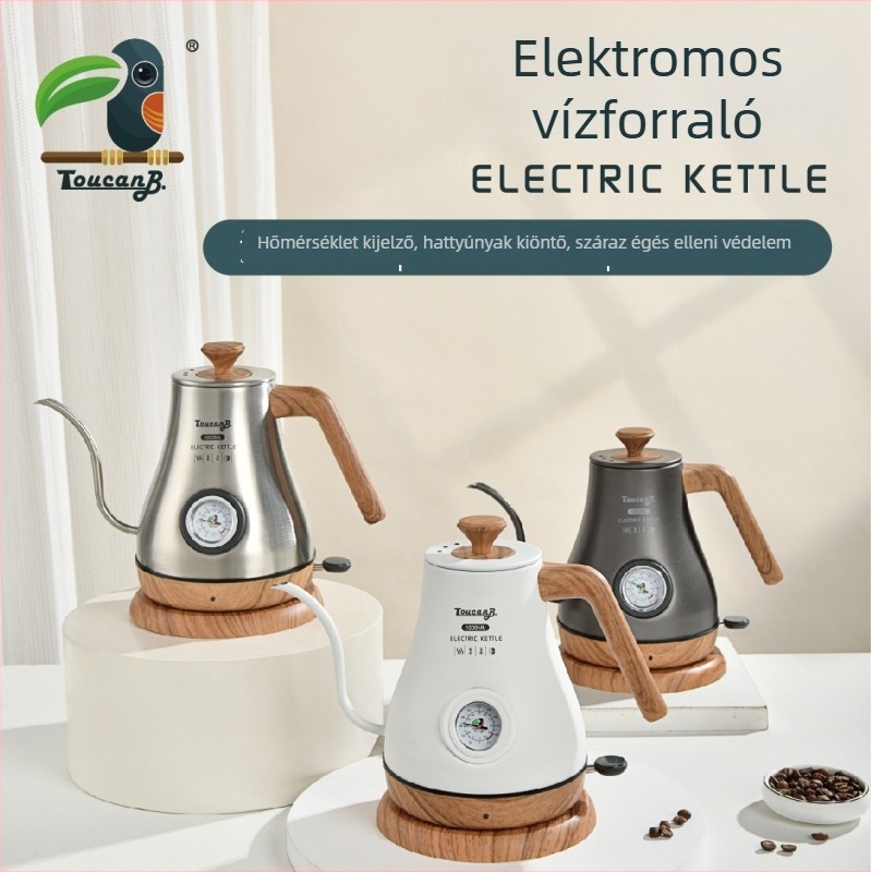 Rozsdamentes acélből készült elektromos vízforraló finom kifolyóval, kézi kávéhoz hőmérséklet-szabályzás, száraz égés elleni védelem, retro lakkozott fa mintázat, látható hőmérséklet-kijelzővel.