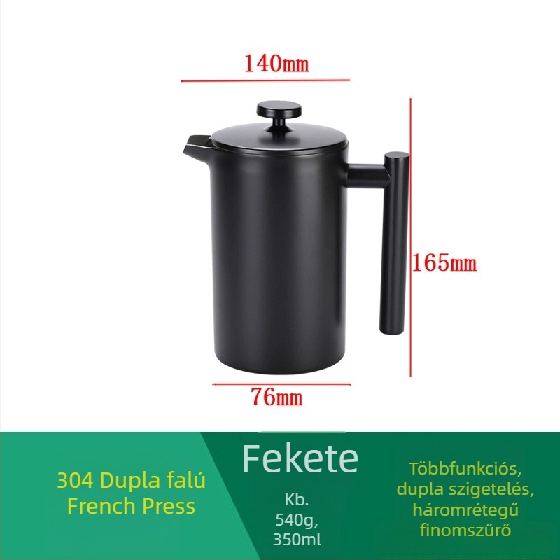 Fekete 304 rozsdamentes acélból készült francia prés kávéfőző európai stílusú szűrővel és teafúróval