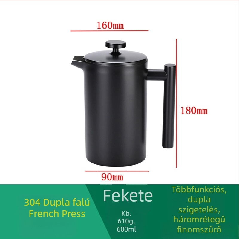 Fekete 304 rozsdamentes acélból készült francia prés kávéfőző európai stílusú szűrővel és teafúróval