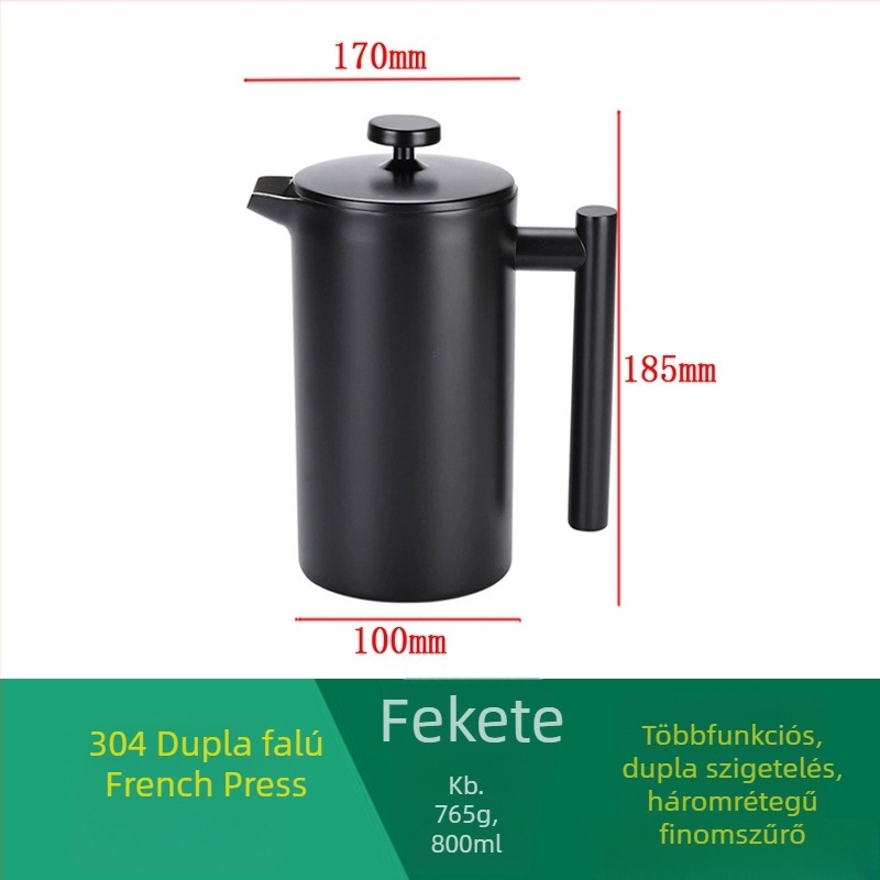 Fekete 304 rozsdamentes acélból készült francia prés kávéfőző európai stílusú szűrővel és teafúróval
