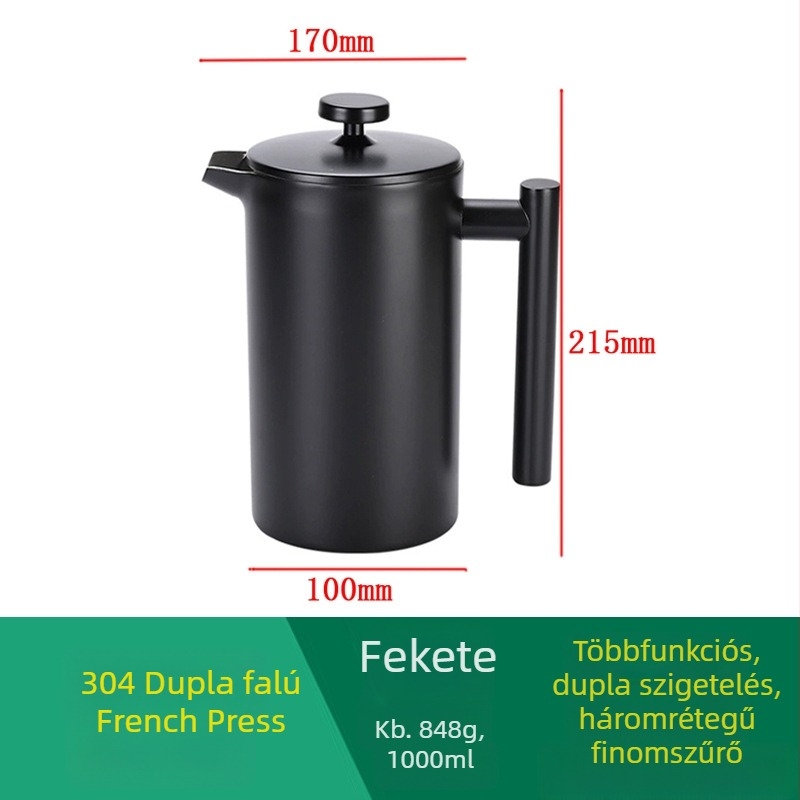 Fekete 304 rozsdamentes acélból készült francia prés kávéfőző európai stílusú szűrővel és teafúróval