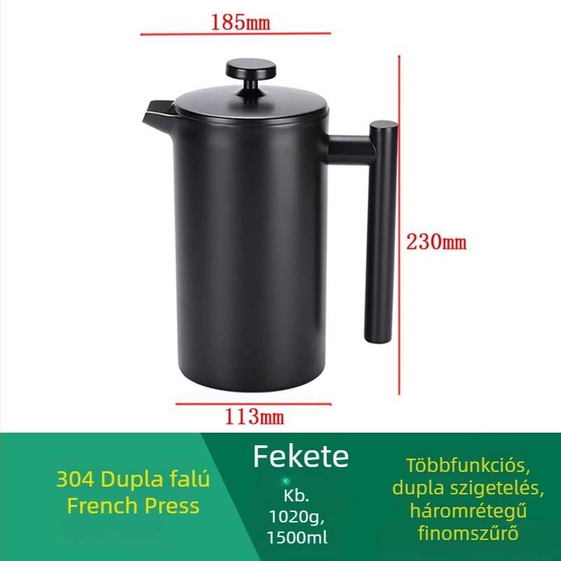 Fekete 304 rozsdamentes acélból készült francia prés kávéfőző európai stílusú szűrővel és teafúróval