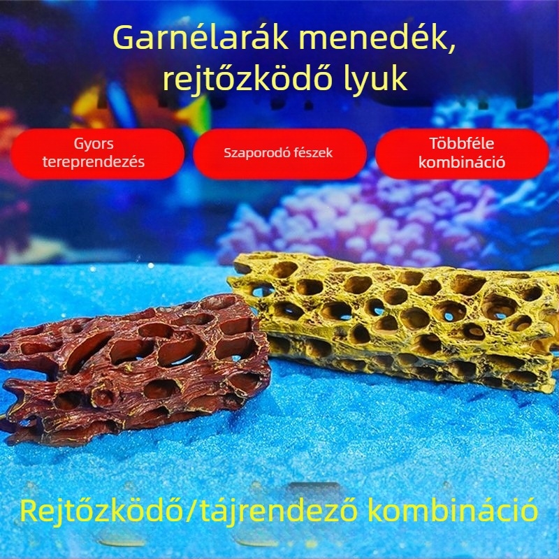 Rockery-stílusú akváriumi dekoráció rejtett barlangokkal, halak menedékei, garnéla- és rákfészkekkel és gyökérszerű díszítéssel