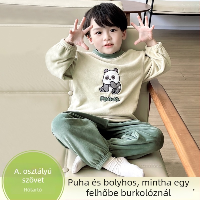 Koreai stílusú plüss gyerekeknek szett, kerek nyakú felső, téli meleg, puha érintés, hétköznapi otthoni vise, külső viseletre alkalmas