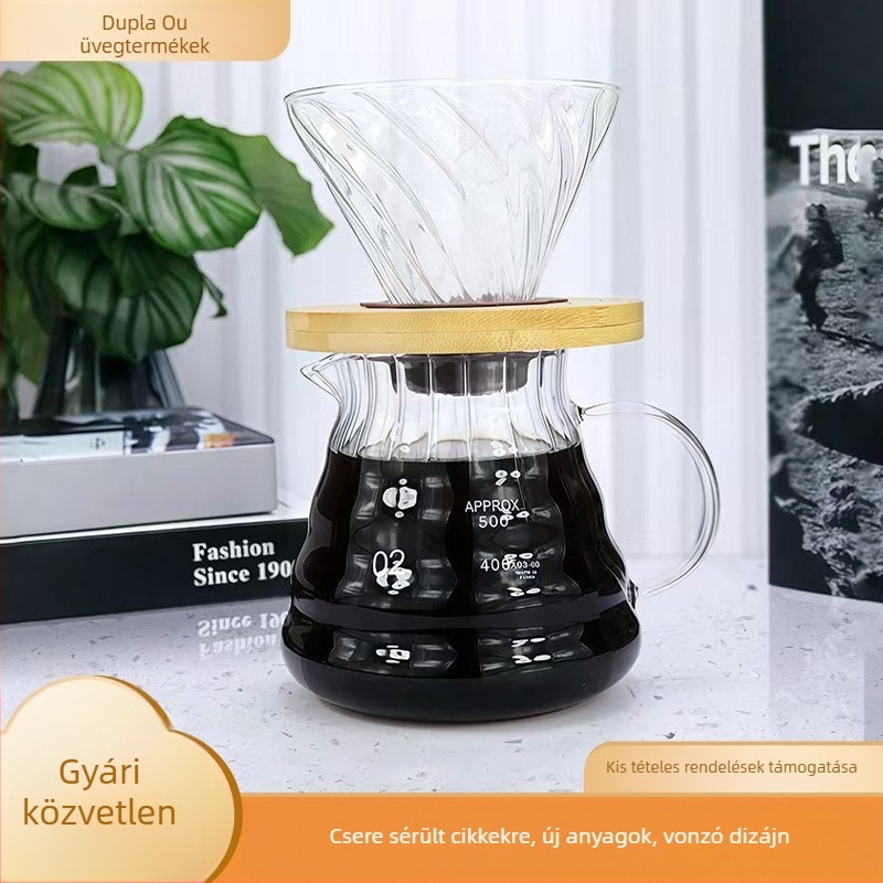 Diamond kávés készlet szűrős pohárral és üveg pour-over kannával, függőleges csíkokkal, otthoni kávéfőzéshez
