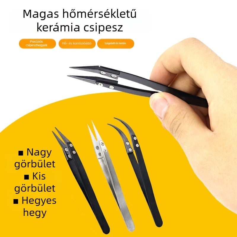 Kerámiás csipesz: magas hőmérséklet- és korrózióállóság, antisztatikus, rozsdamentes acél nyéllel és hegyes véggel