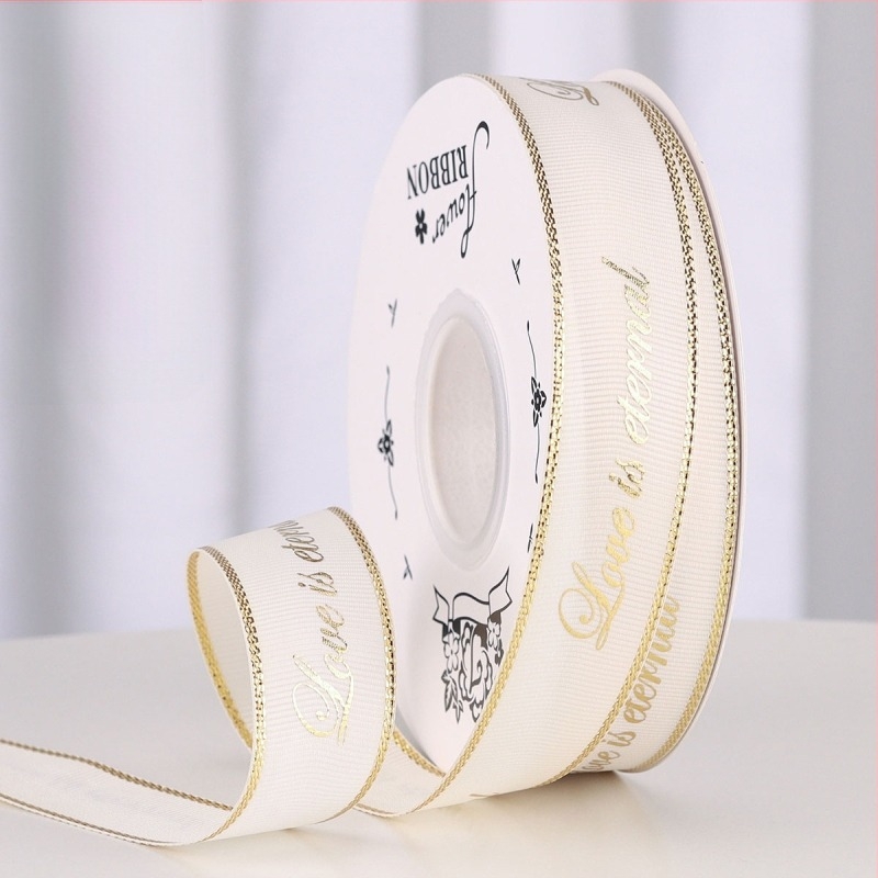 2,5 cm-es fóliázott bordázott szalag egyedi logóval, ajándékcsomagoláshoz, virágcsokrokhoz és DIY dekorációkhoz
