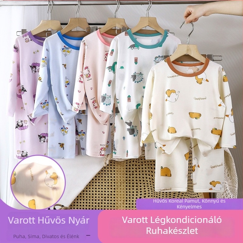 Lyocell Tencel nyári gyerek pizsama készlet, uniszex, 3/4-es ujjú, lélegző és könnyű